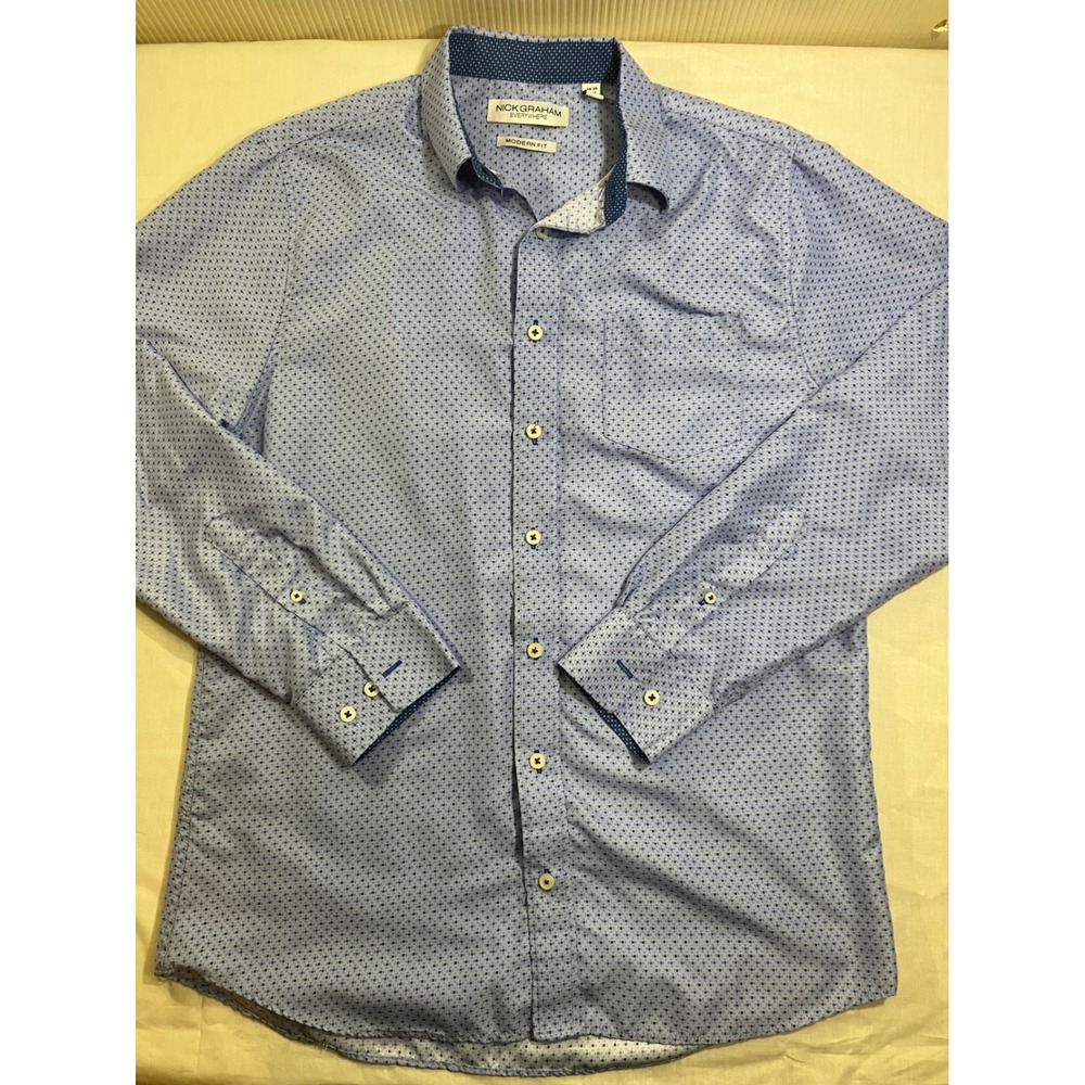 Nick Graham Everywhere Mens Blue Geometric Print Modern Fit Dress Shirt Size M